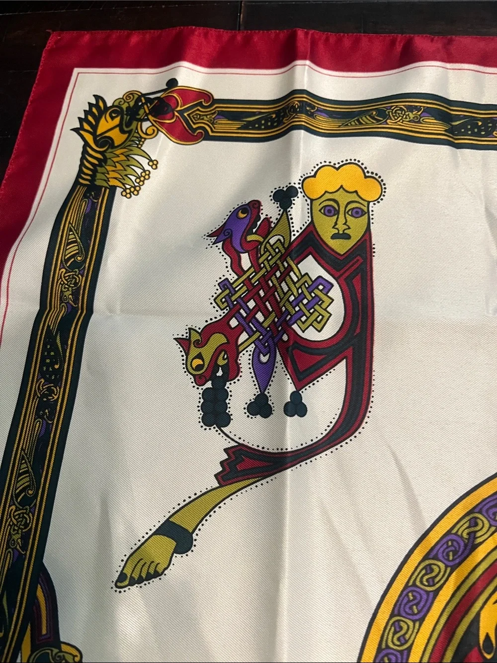 Silk-Feel Ivory Scarf with Red Trim and Multicolor Celtic Medallion